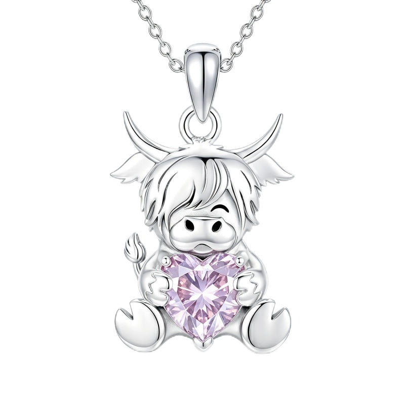 Sterling Silver Birthstone Highland Cow Pendant Necklace Birthday Christmas Gift