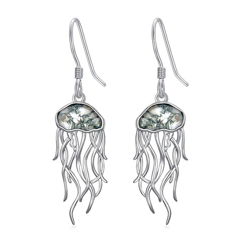 Sterling Silver Moss Agate Jellyfish Dangle Earrings