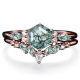 Sterling Silver 2CT Moss Agate  Engagement Wedding Ring Sets for Women