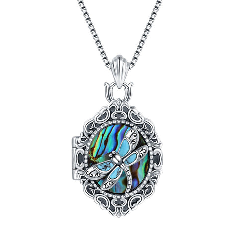 Sterling Silver Turquoise Abalone Shell Dragonfly Photo Locket Necklace