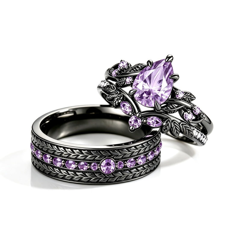 Sterling Silver 10K 14K 18K Gold Purple Gemstone Amethyst  Rings Set Couple Promise Rings Wedding Anniversary Rings