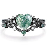 Sterling Silver 10K 14K 18K Gold Vintage Nature Moss Agate Engagement Ring Sets for Women