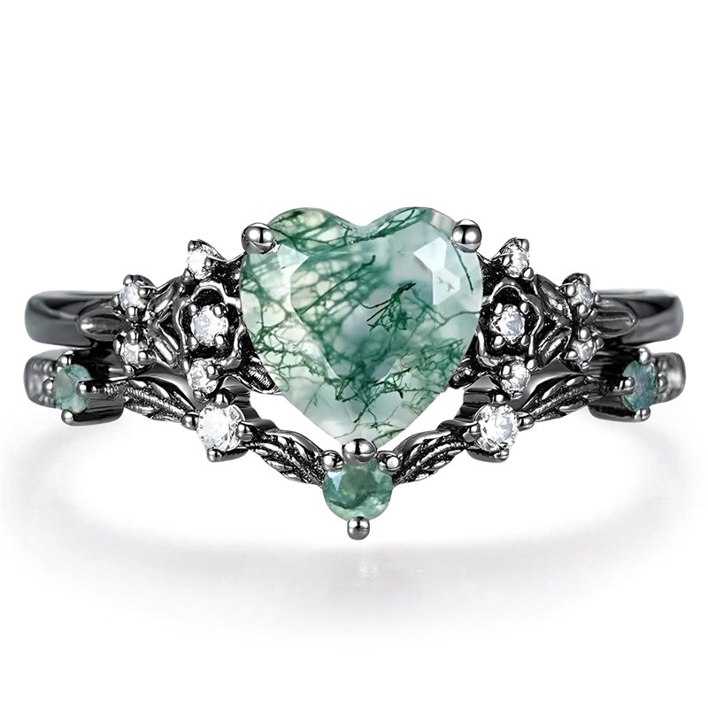Sterling Silver 10K 14K 18K Gold Vintage Nature Moss Agate Engagement Ring Sets for Women