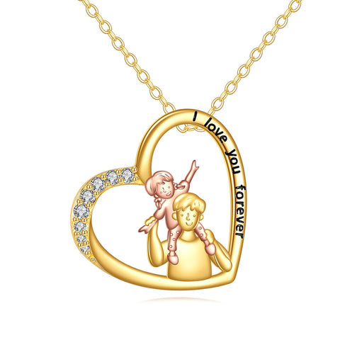 10K 14K 18K Real Gold Cubic Zirconia Daughter and Father Pendant Necklace with Engraved