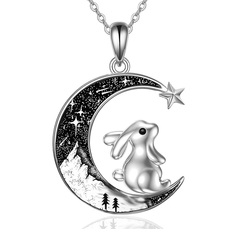 Crescent Moon 2 Cat Bat Black Cat Bunny Fox Highland Cow Horse Pendant Necklace Mother's Day Gift