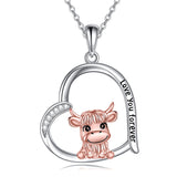 Sterling Silver Heart Highland Cow Pendant Necklace