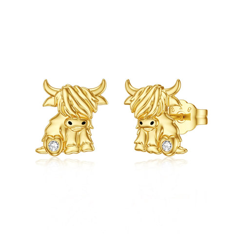 14K Gold Highland Cow Heart Stud Earrings