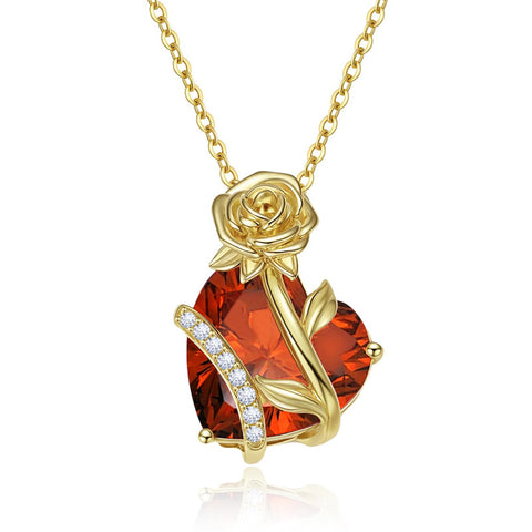10K 14K 18K Gold Heart Birthstone Rose Pendant Necklace Gifts for Wife Girlfriend Mom Daughter Grandma