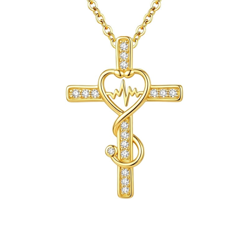 14K Gold Plated Stethoscope Cross Necklace Jewelry Christmas Graduation Nurses Week Gift