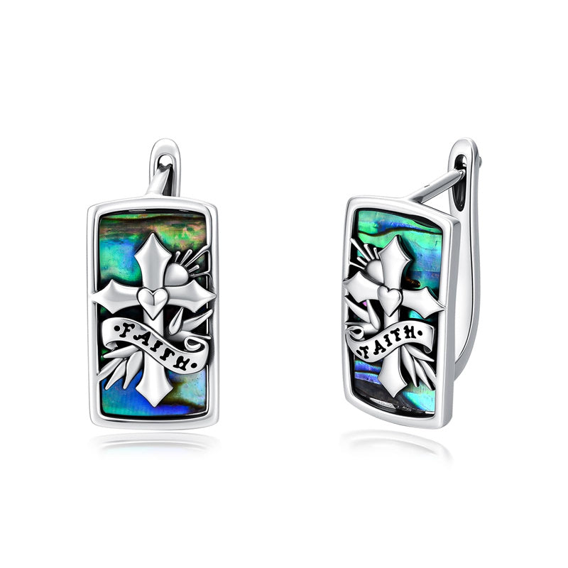 Sterling Silver Abalone Shell Cross Faith Hourglass Skull Leverback Earrings for Women
