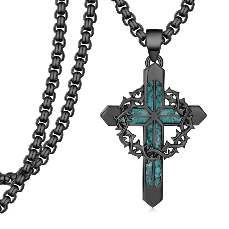 14K Gold Plated Turquoise Wolf Thor's Hammer Ankh Dragon Lion Compass Crucifix Pendant Necklace for Men