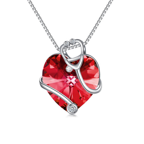 Sterling Silver Heart Crystal Stethoscope Pendant Necklace