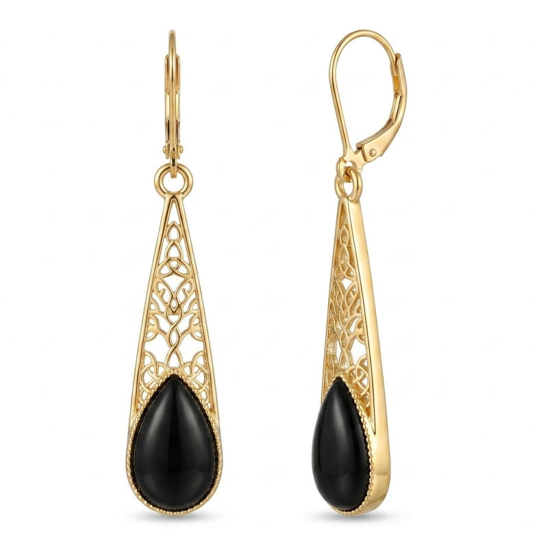 14K Gold Plated Black Onyx Tree of Life  Leverback Earrings Christmas Birthday Gift