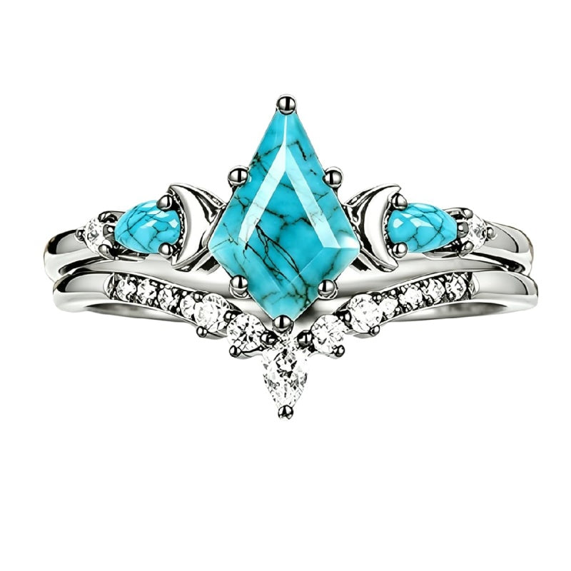 Sterling Silver Personalized Engraved 1-3CT Turquoise Engagement  Wedding Promise Ring Set for Her