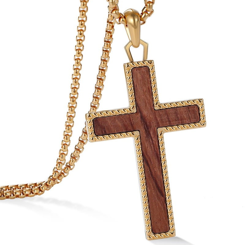 14K Gold Plated Wooden Cross Necklace Jewelry Gift for Him