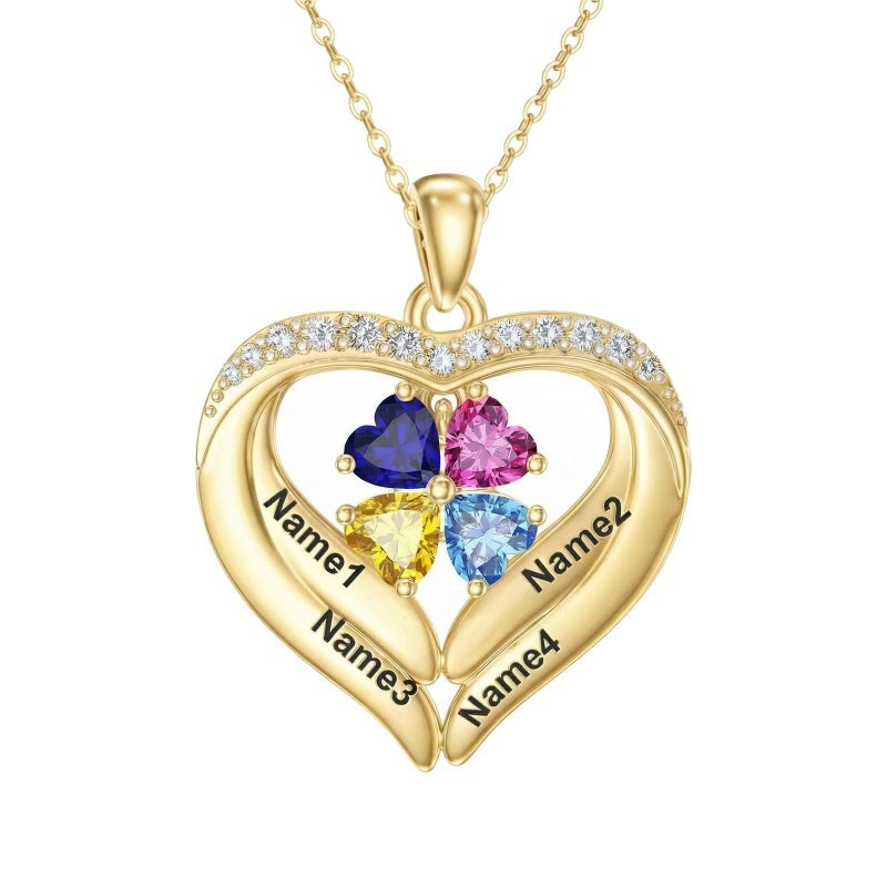 14K Gold Plated Personalized 1-5 Heart Birthstone Names Necklace  for Women