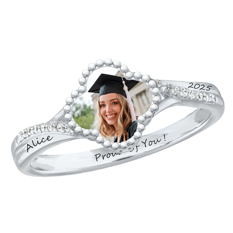 Sterling Silver Customized Engraved Photo Class Ring for Her