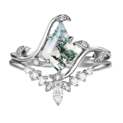 Sterling Silver 10K 14K 18K Gold Personalize Engraved Moss Agate Engagement Rings for Women