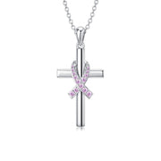 925 Sterling Silver Breast Cancer Awareness Necklace Cross Pendant Necklace Pink Ribbon Necklace Gifts for Women