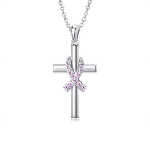 Sterling Silver Breast Cancer Awareness Cross Butterfly Dragonfly Pendant Necklace