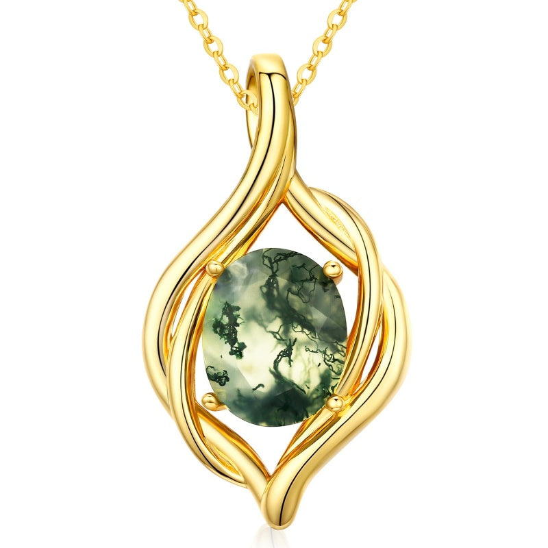 14K Gold Plated Moss Agate Pendant Necklace Boho Jewelry for Women