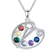 Sterling Silver Colorful CZ Artist Paint Palette and Brush Pendant Necklace