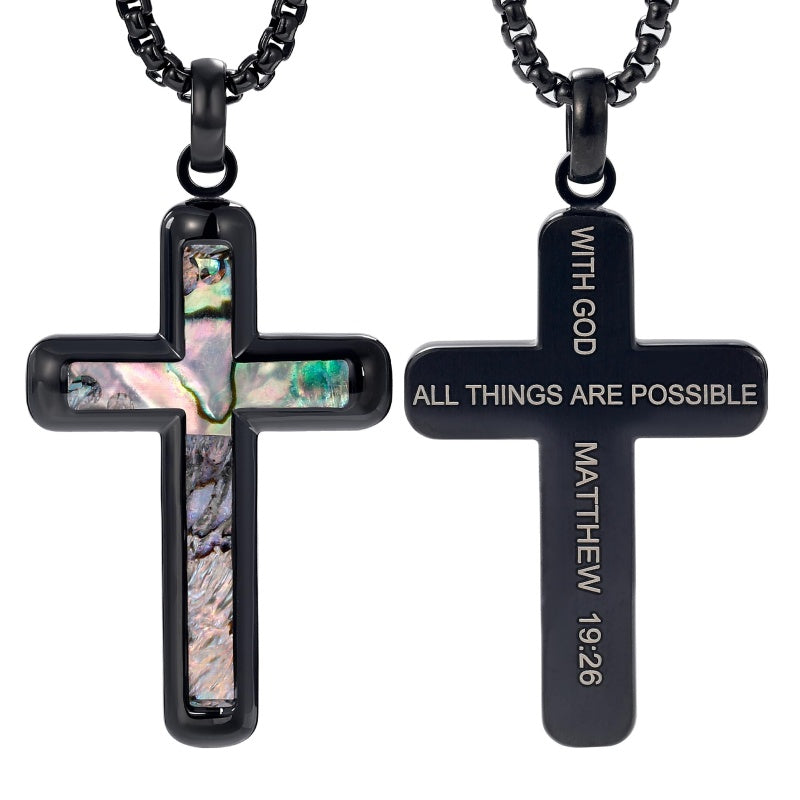 14K Gold Plated Wooden Abalone Shell Cross Pendant Necklacefor Men