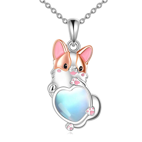 Sterling Silver Moonstone French Bulldog Yorkie Dog Pendant Necklace