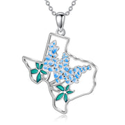 Sterling Silver Hometown Bluebonnets &Texas State Map Flag Pendant Necklace