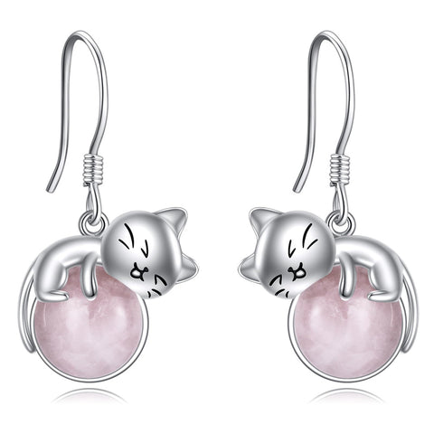 Sterling Silver Rose Quartz Birthstone Cat Dangle Earrings