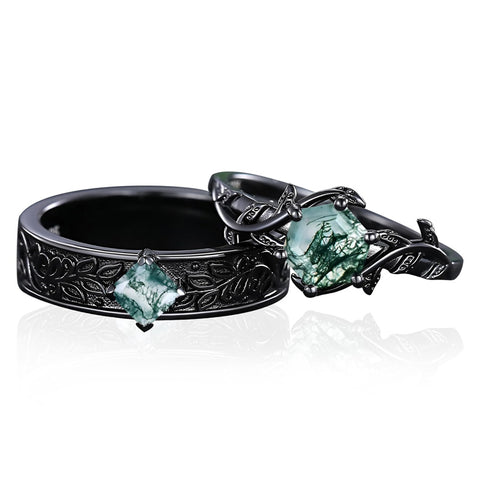 Sterling Silver 10K 14K 18K Gold Natural Leaf  Moss Agate Engagement Anniversary Couple Ring Sets