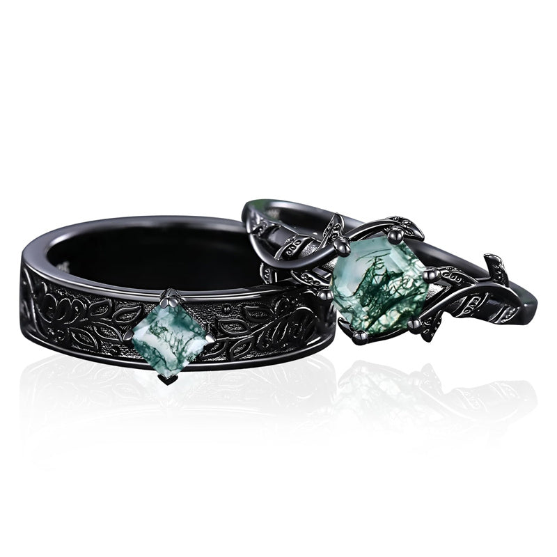 Sterling Silver 10K 14K 18K Gold Natural Leaf  Moss Agate Engagement Anniversary Couple Ring Sets