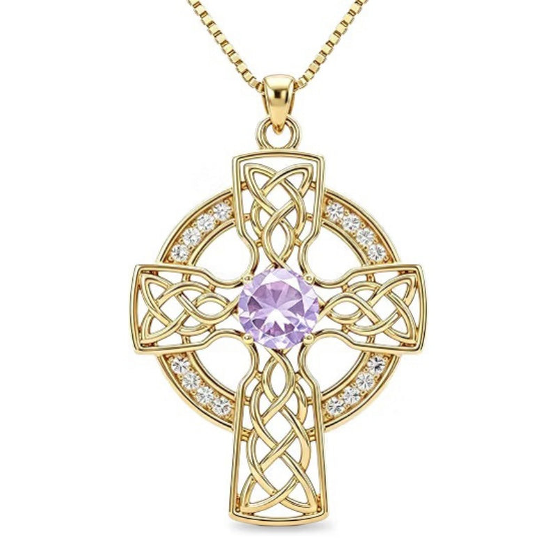 14K Gold Plated Birthstone Celtic Knotwork Cross Necklace for Women