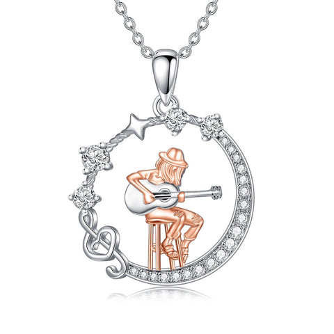 Sterling Silver Cubic Zircon Music Note Guitar Pendant Necklace  for Women Music Lovers