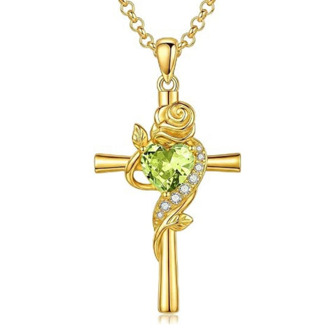 14K Gold Plated Birthstone Rose Cross Necklace for Women Faith Jewelry Gift