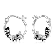 925 Sterling Silver Raccoon Cat Hoop Earrings