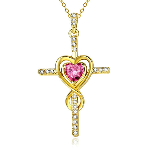 14K Gold Plated Dainty Heart Birthstone Pendant Cross Necklace for Women Religious Gift