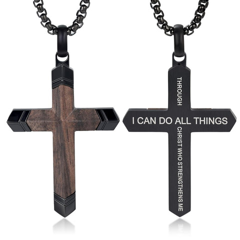 14K Gold  Plated Wooden Cross Crucifix Pendant Necklace for Men