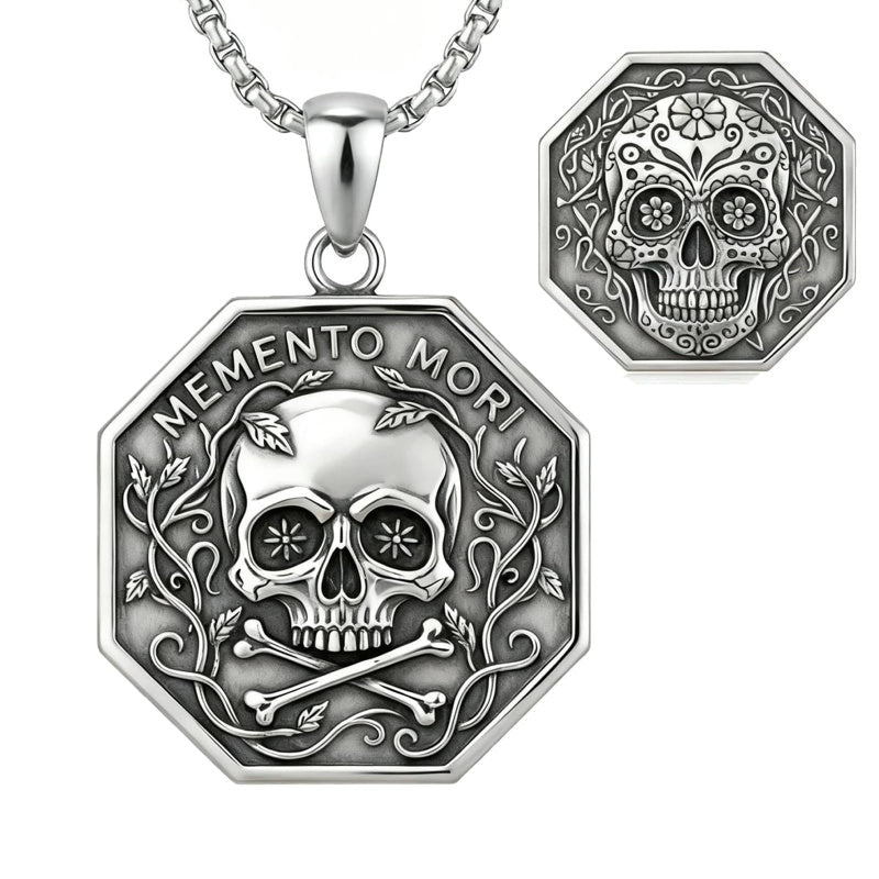 Sterling Silver Memento Mori Gothic Skull Amulet Pendant Necklace for Men