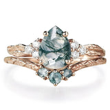 Sterling Silver 2CT Moss Agate  Engagement Wedding Ring Sets for Women