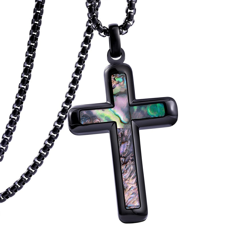 14K Gold Plated Wooden Abalone Shell Cross Pendant Necklacefor Men