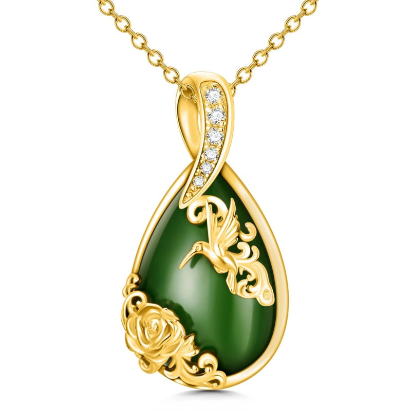 14K Gold Plated Natural Jade Hummingbird Cat Dragonfly Butterfly Bee Pendant Necklace for Women