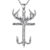 Sterling Silver Cross&Deer Antler Fish Hook Pendant Necklace for Men