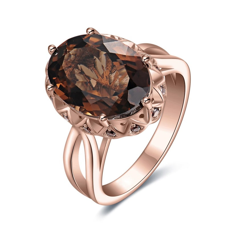 14K Gold Plated  Oval Shape 3.7CT Genuine Smoky Quartz Cocktail Rings for Her