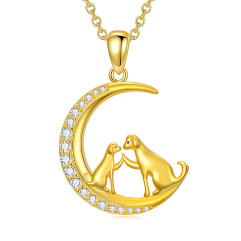 14K Gold Moon Cat Dog Rabbit Pendant Necklace