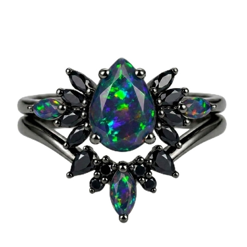 Sterling Silver 10K  14K  18K  Gold Personalized Engraved Black Opal Engagement Wedding Promise Ring for Her