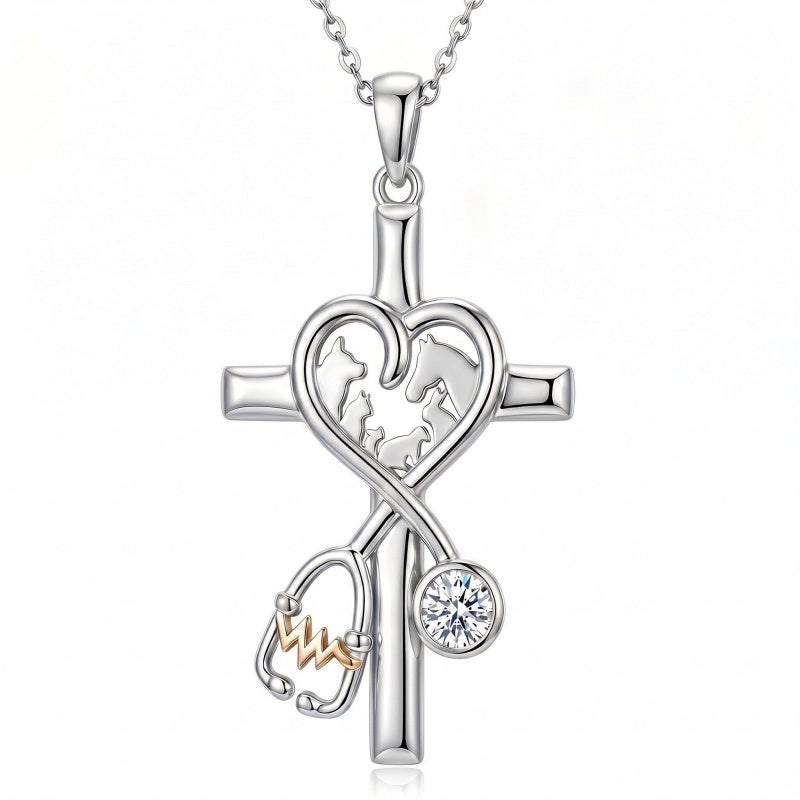14K Gold Plated  Birthstone Stethoscope Cross Necklace Graduation Gifts for Women RN