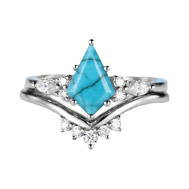 Sterling Silver Personalized Engraved 1-3CT Turquoise Engagement  Wedding Promise Ring Set for Her