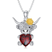 Sterling Silver Heart Birthstone Highland Cow Pendant Necklace