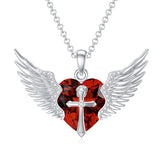 Sterling Silver Birthstone Angel Wings&Cross Pendant Necklace